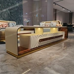 Architectural TV Stand with Sculpted Relief Panels Natural Wood Veneer Open Display Shelves and Soft Ambient Lighting